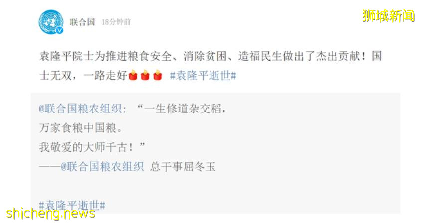 联合国发文缅怀袁隆平！新加坡等多国媒体发文评论：留下世界性遗产