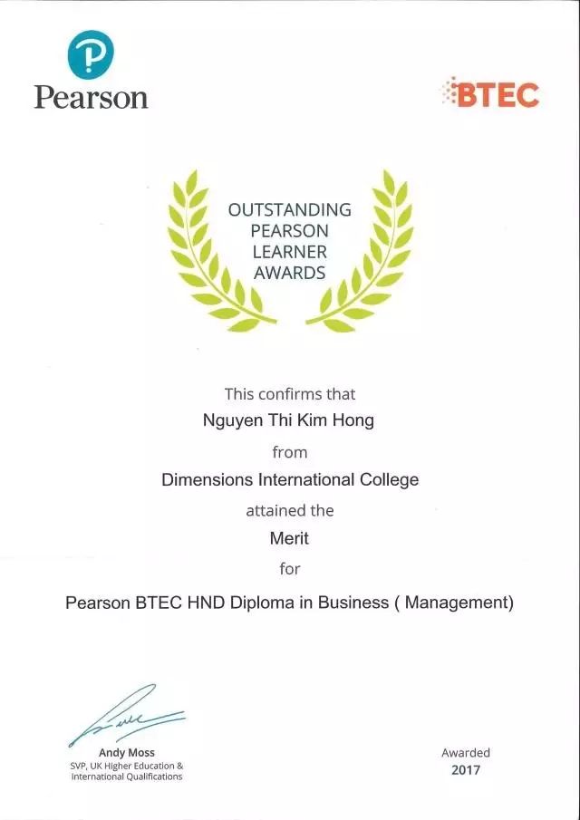 博偉之星 | 恭喜越南学生Nguyen Thi Kim Hong 获得“英国培生优秀学生”的荣誉称号