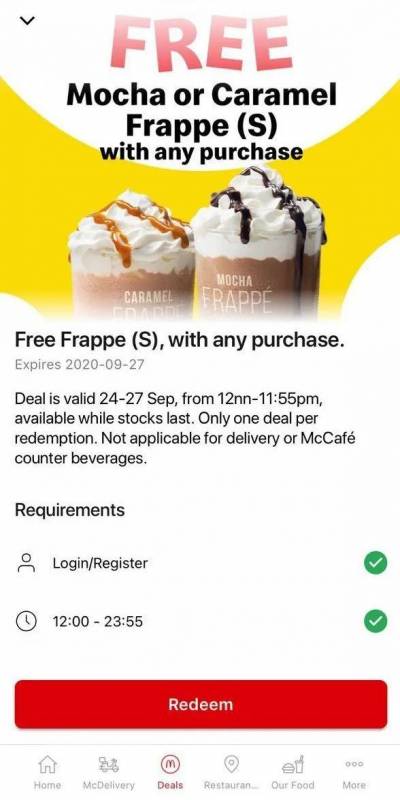 9月24至27日，在麦当劳消费$0.8元起就可以免费得到一个Frappe！你只需要这样做