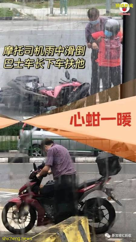 摩托車司機大雨中滑倒,新捷運巴士車長冒雨下車伸出援手