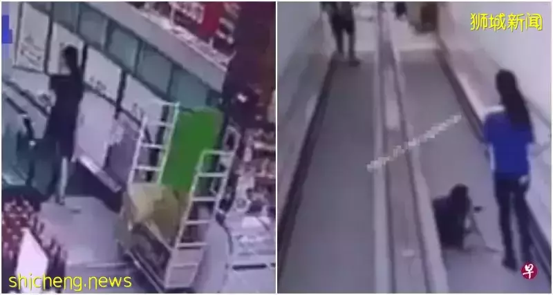 惊险！新加坡超市货架10秒冲下手扶电梯，两顾客瞬间被撞飞