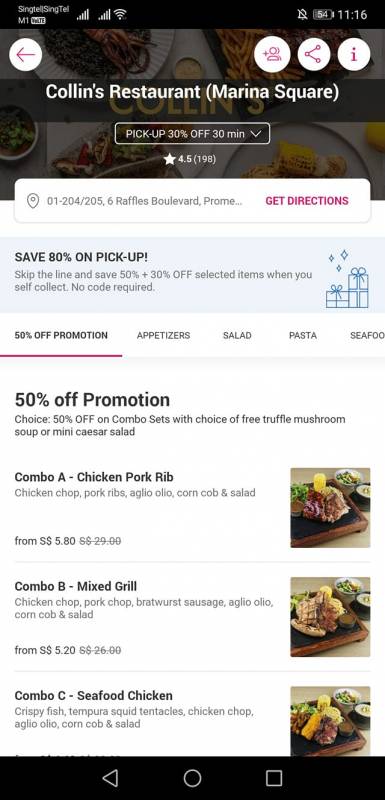 Collin's套餐2折優惠！！肉量滿滿的Combo Set平均不到6新幣！！通過Foodpanda下單並自提方可享受此優惠！！有效期至10月31日