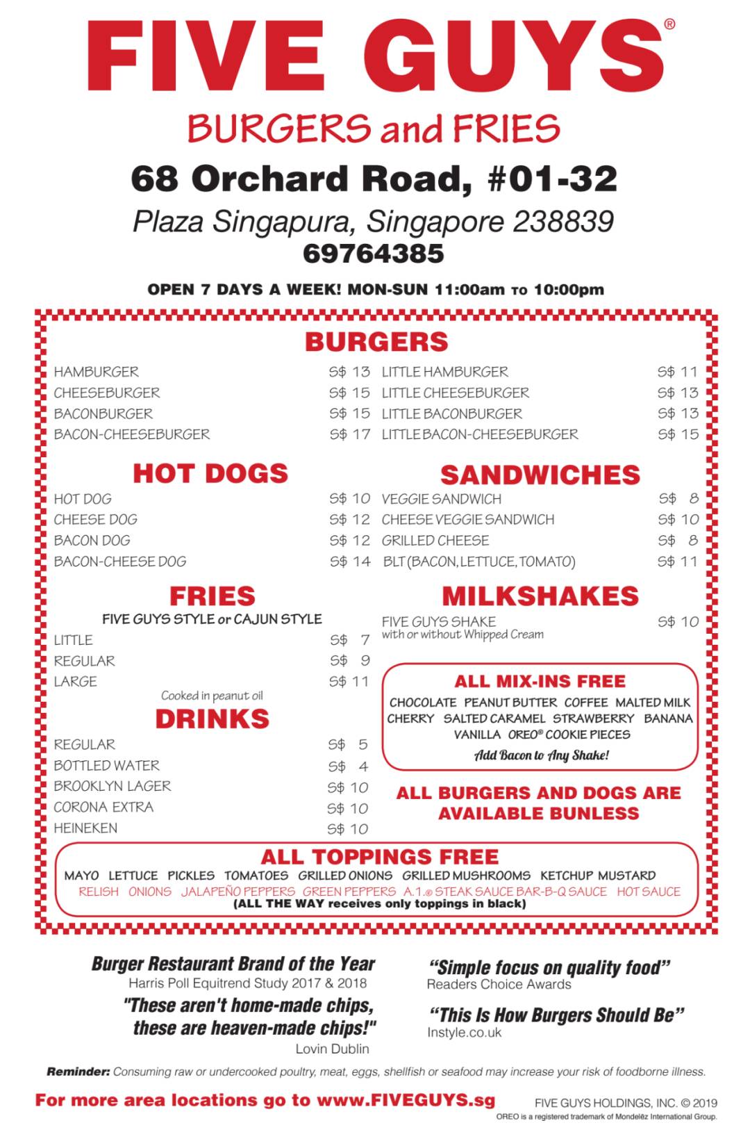 美国汉堡连锁店Five Guys新加坡第二家分店开业