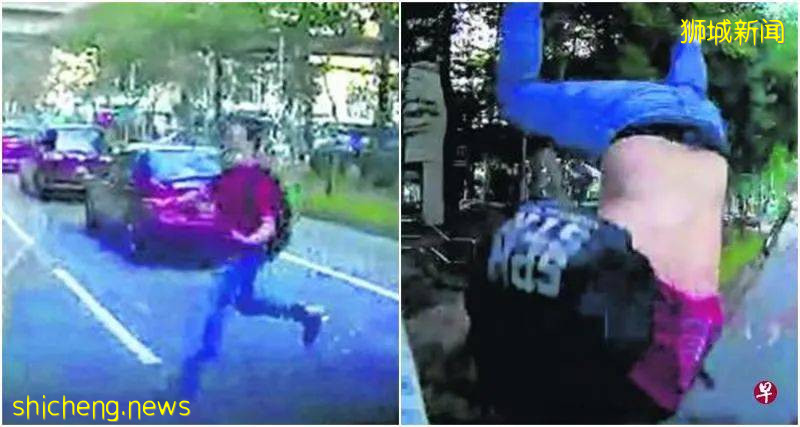 男子奔过马路 遭撞飞重摔路堤