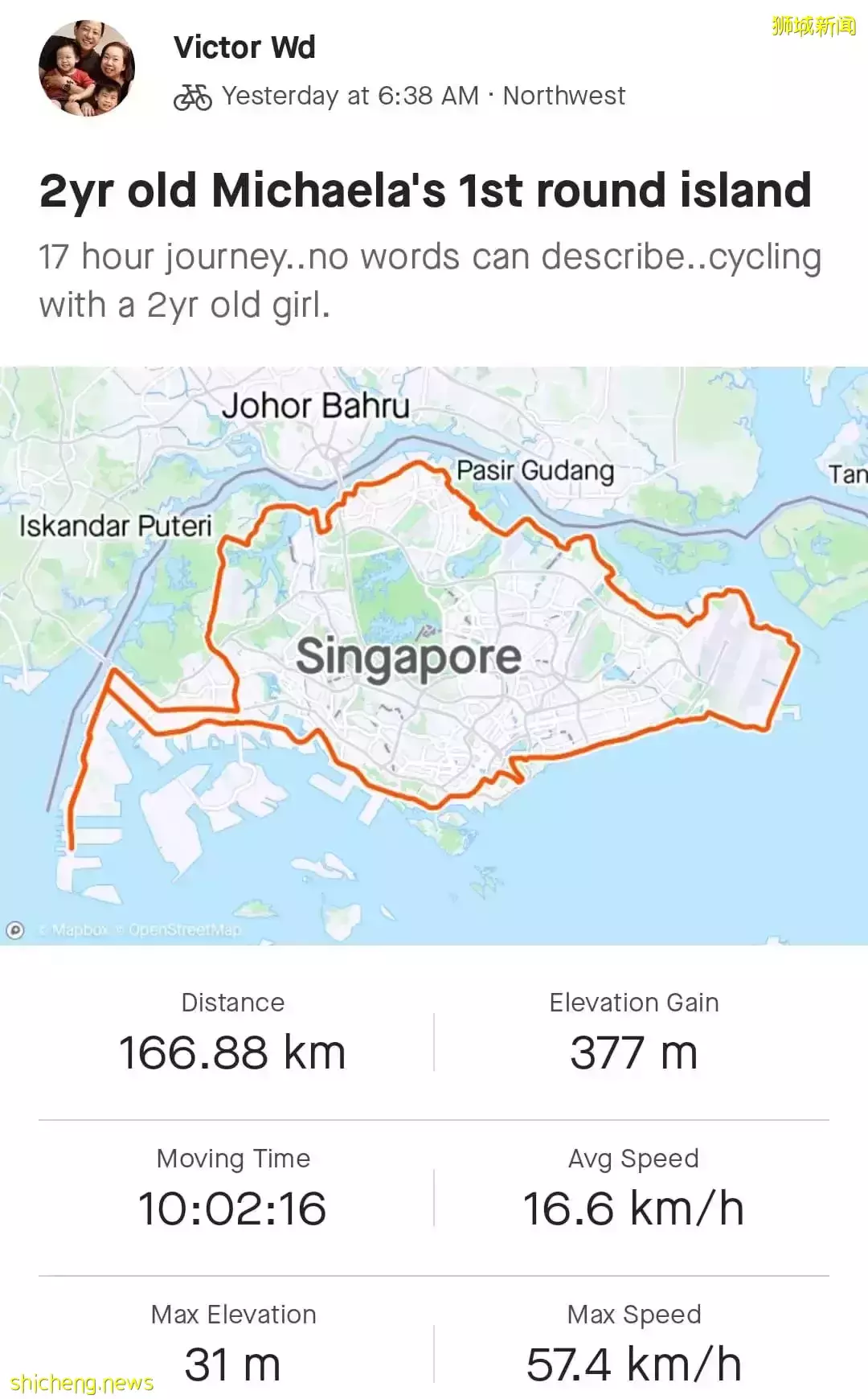 超級奶爸！帶著2歲女兒騎行17小時166公裏，環遊新加坡