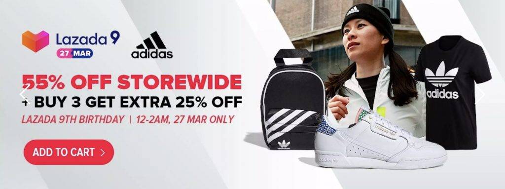 Adidas Lazada旗艦店閃促活動,全場5折+買3件額外75折!僅限3月27日一天