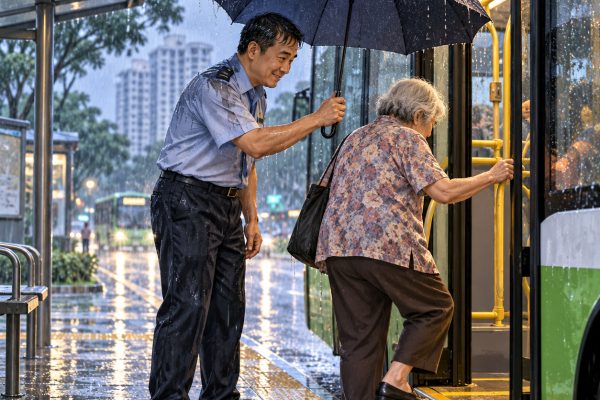 巴士司机雨中为乘客撑伞，自己淋湿获赞