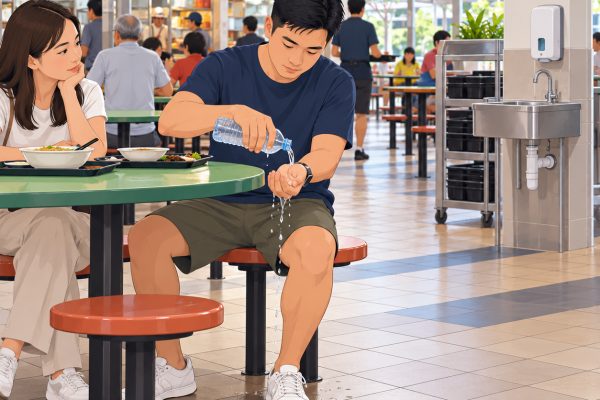 勿洛坎贝甘一食阁男子桌边倒瓶装水洗手，附近设有洗手盆